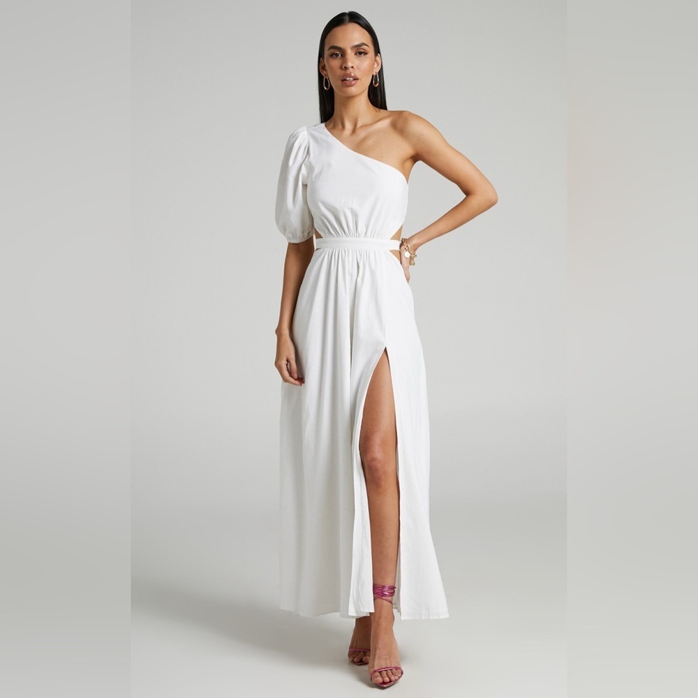 CEDIE MIDI DRESS - ONE SHOULDER PUFF SLEEVE DRESS IN WHITE